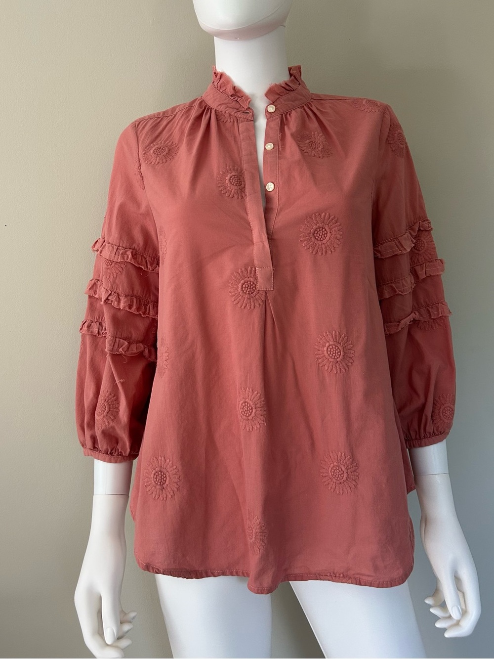 Isabella Sinclair Anthropologie Pink Embroidered Ruffle Trim Popover Top Size XS